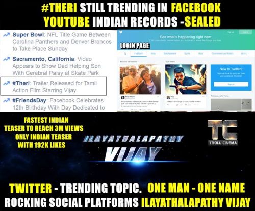 Theri teaser facebook trends, twitter trends and youtube records