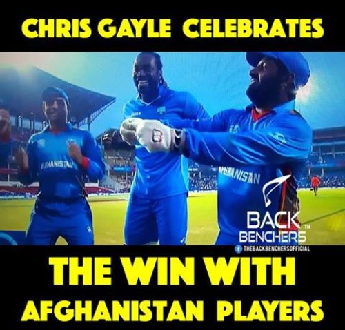 Chris Gayle celebrating Afghanistan Worldcup T20 match win with their team jersey