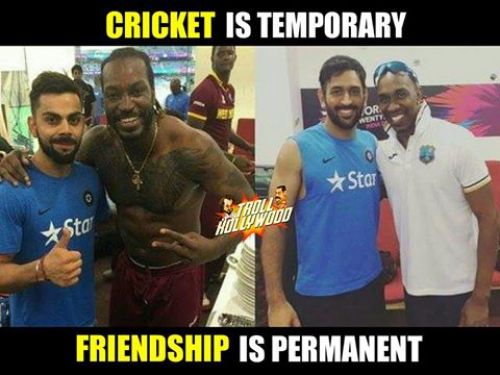 Kohli with gayle and dhoni with bravo photo