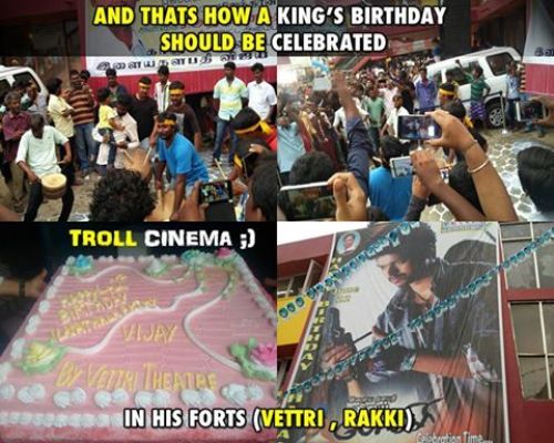 Vijay fans celebration in vettri and raaki theatre during vijay birthday celebrations