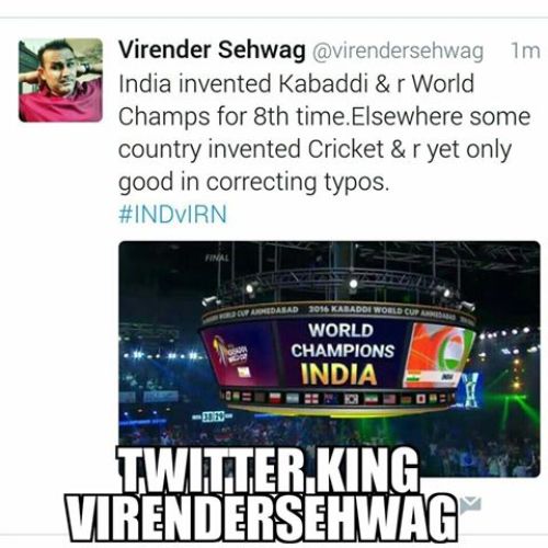 Sehwag tweet about kabaddi worlcup title and blasting england memes